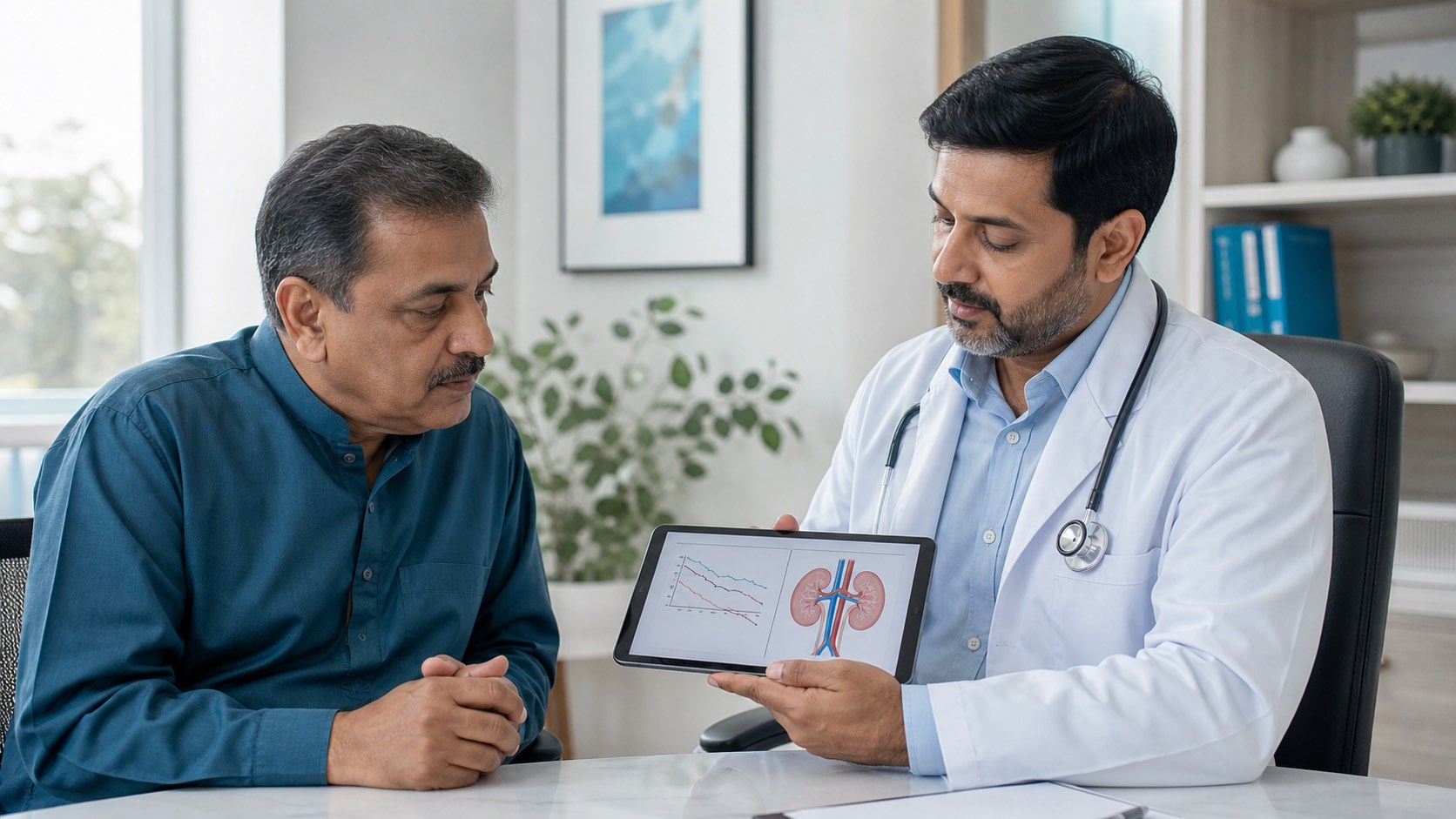 Clinician and adult patient reviewing evidence about taurine and NAC in chronic kidney disease