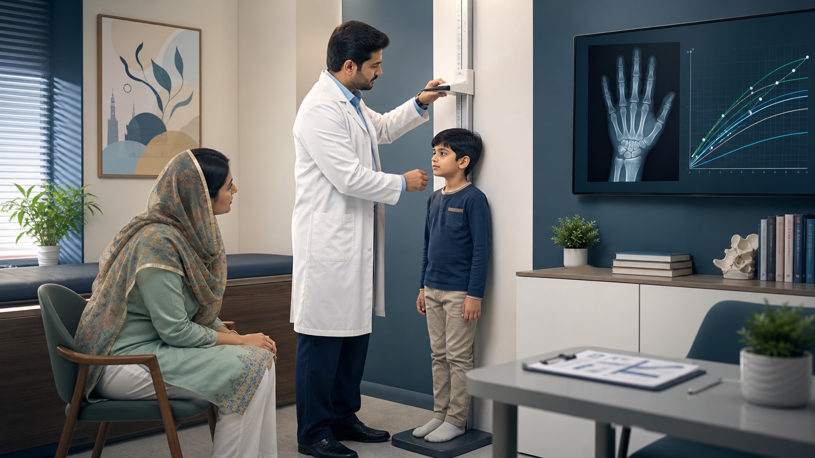 Clinician measuring a child’s height with a caregiver present and a bone-age image nearby.