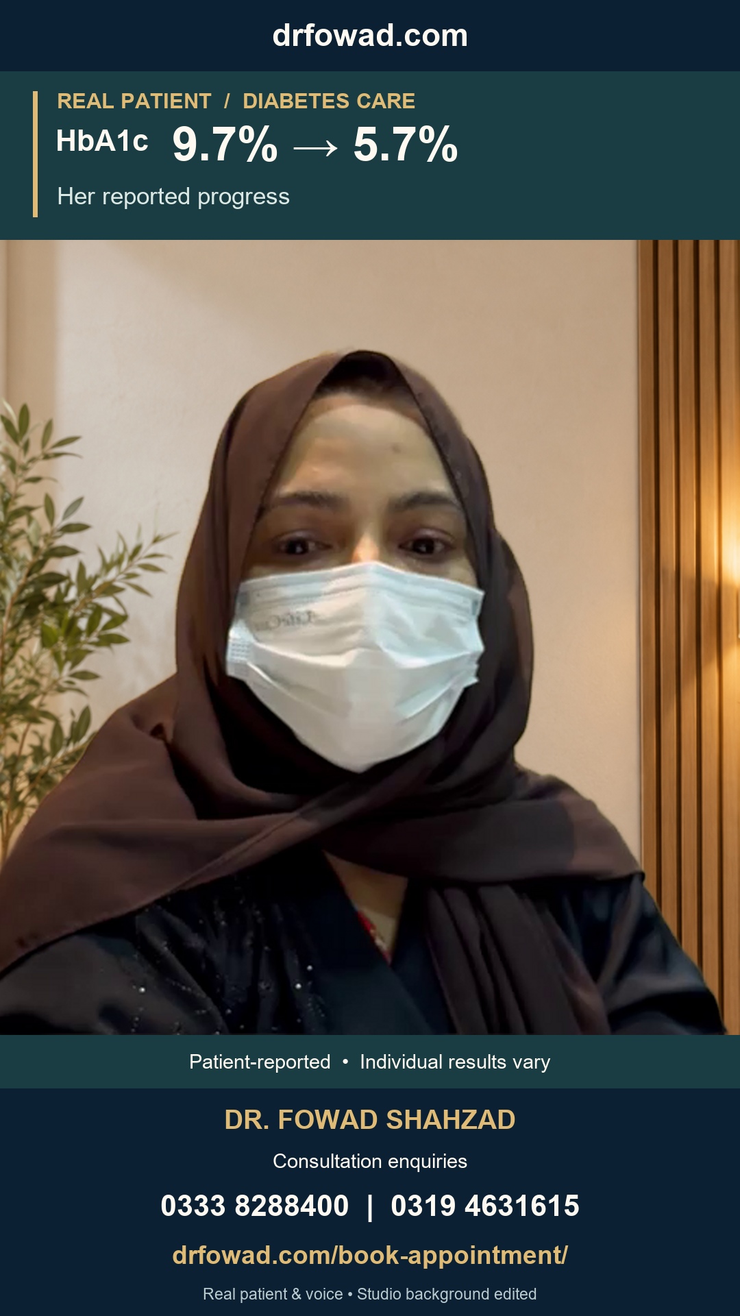 Patient shares her reported HbA1c progress from 9.7% to 5.7%